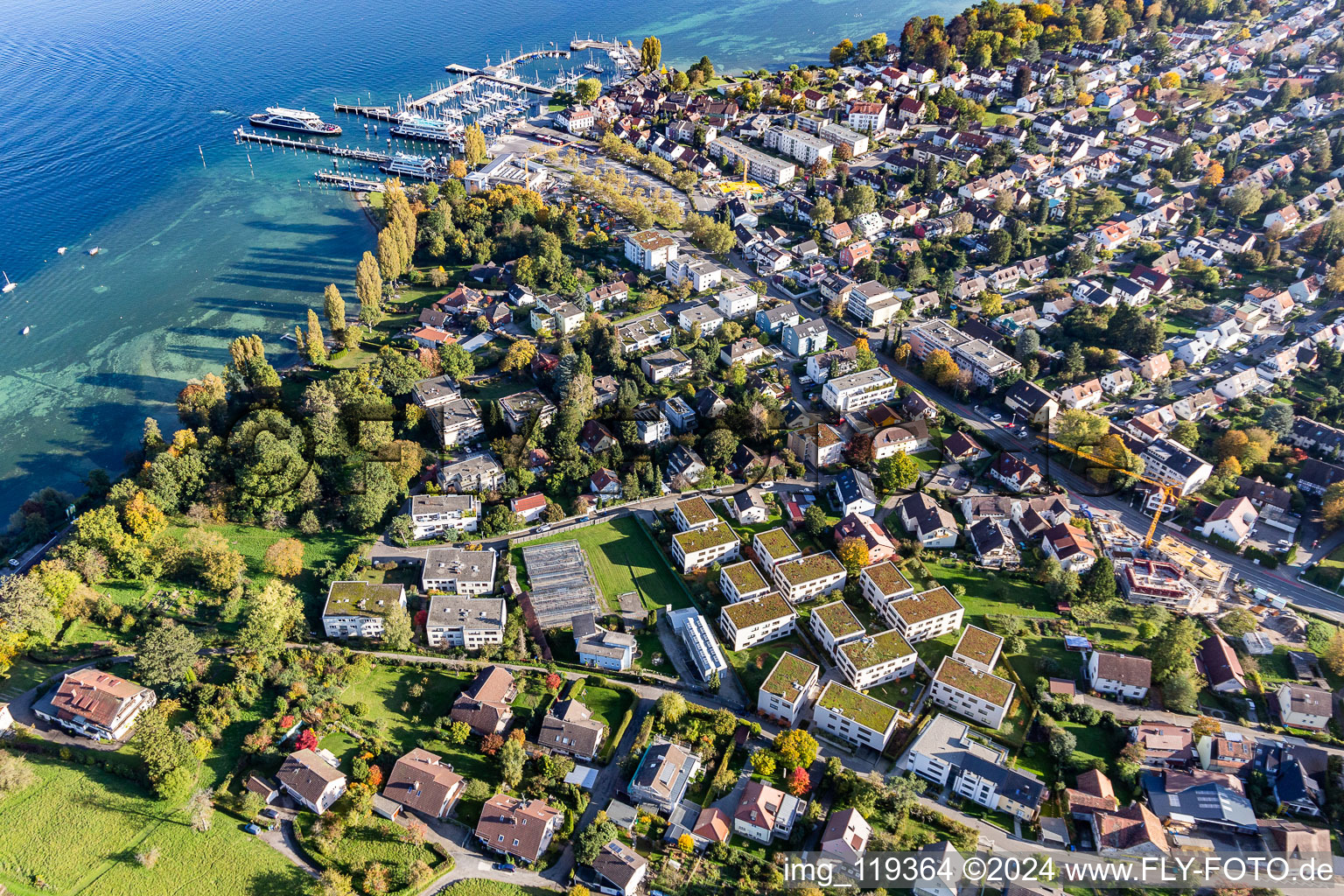 Aerial view of Riparian areas on the lake area of Lake Constance in the district Allmannsdorf in Konstanz in the state Baden-Wurttemberg, Germany