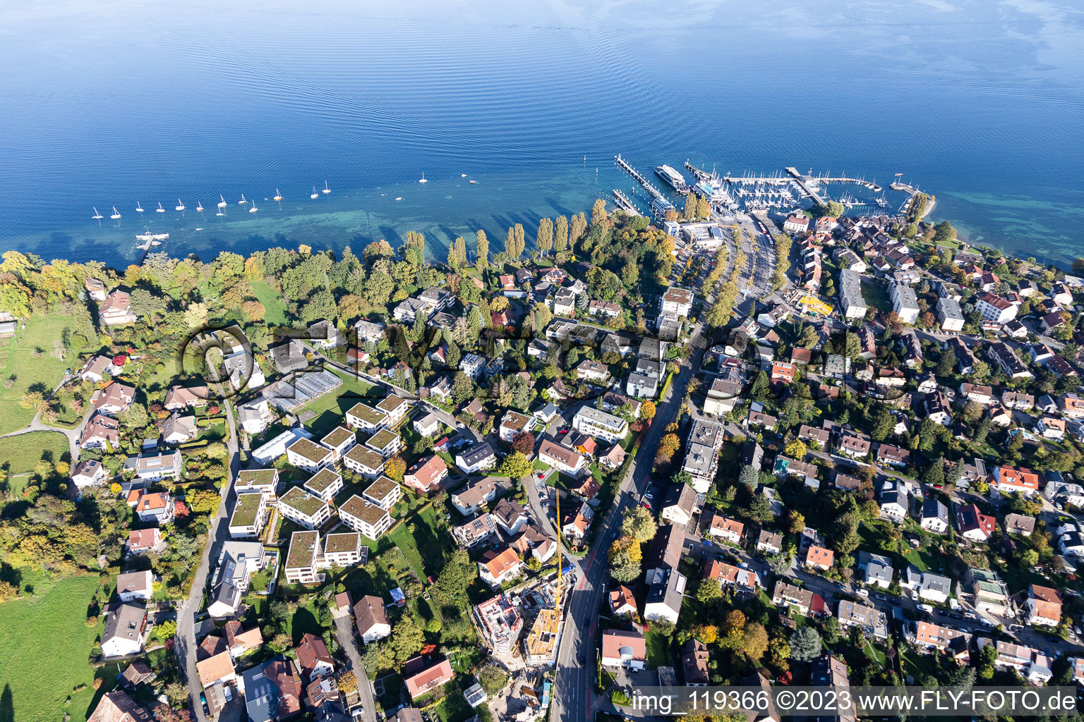 Aerial photograpy of Riparian areas on the lake area of Lake Constance in the district Allmannsdorf in Konstanz in the state Baden-Wurttemberg, Germany