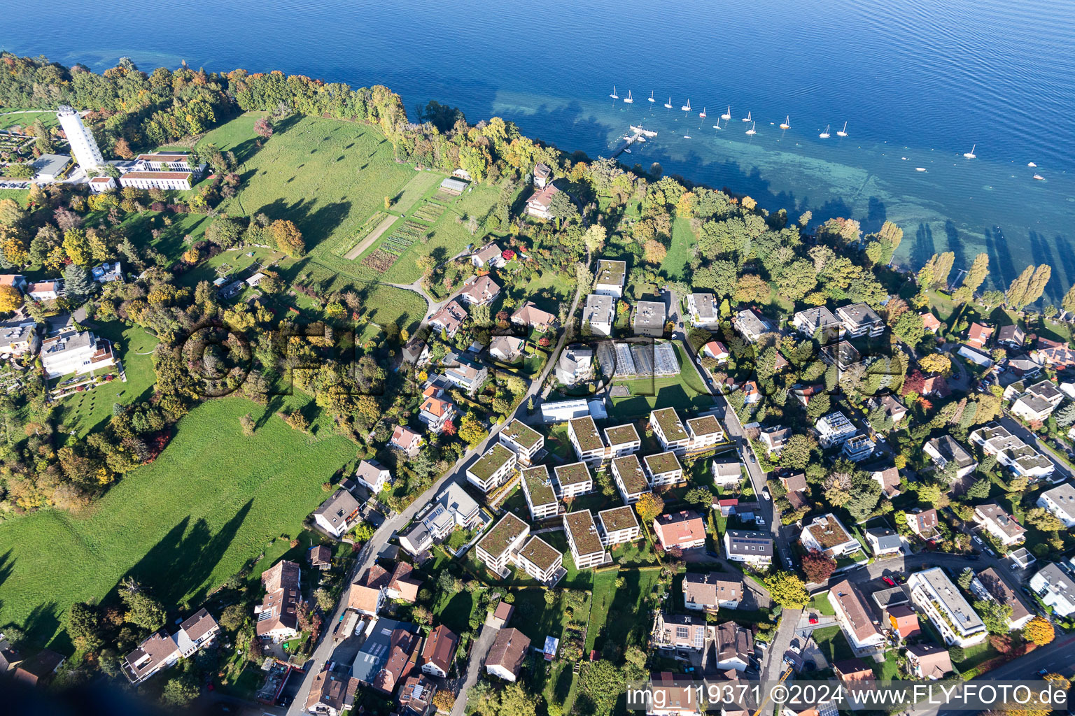 Oblique view of Riparian areas on the lake area of Lake Constance in the district Allmannsdorf in Konstanz in the state Baden-Wurttemberg, Germany