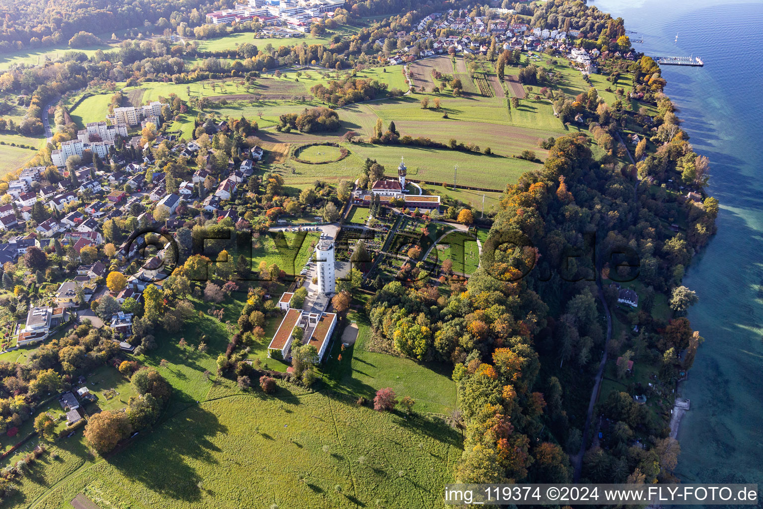 Aerial view of Building the hostel DJH Otto-Moericke-Tower Konstanz in the district Allmannsdorf in Konstanz in the state Baden-Wurttemberg, Germany