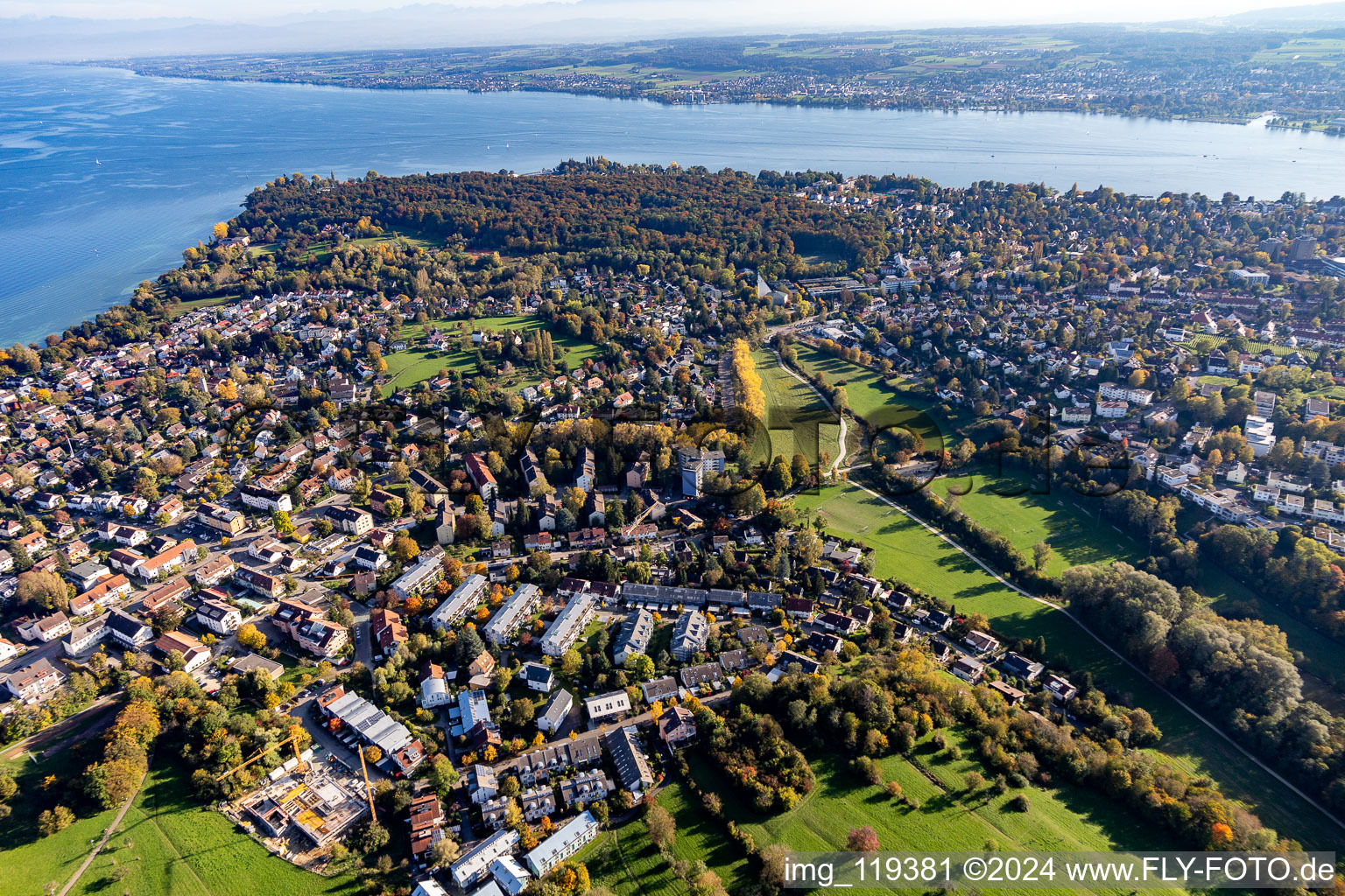 Aerial view of Village on the lake bank areas called Hoernle on Lake of Constance in the district Staad in Konstanz in the state Baden-Wurttemberg, Germany