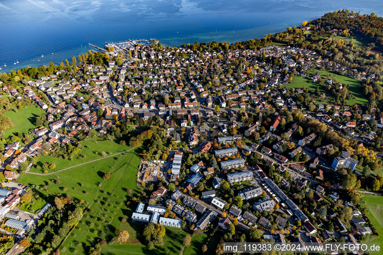 Riparian areas on the lake area of Lake Constance in the district Allmannsdorf in Konstanz in the state Baden-Wurttemberg, Germany from above