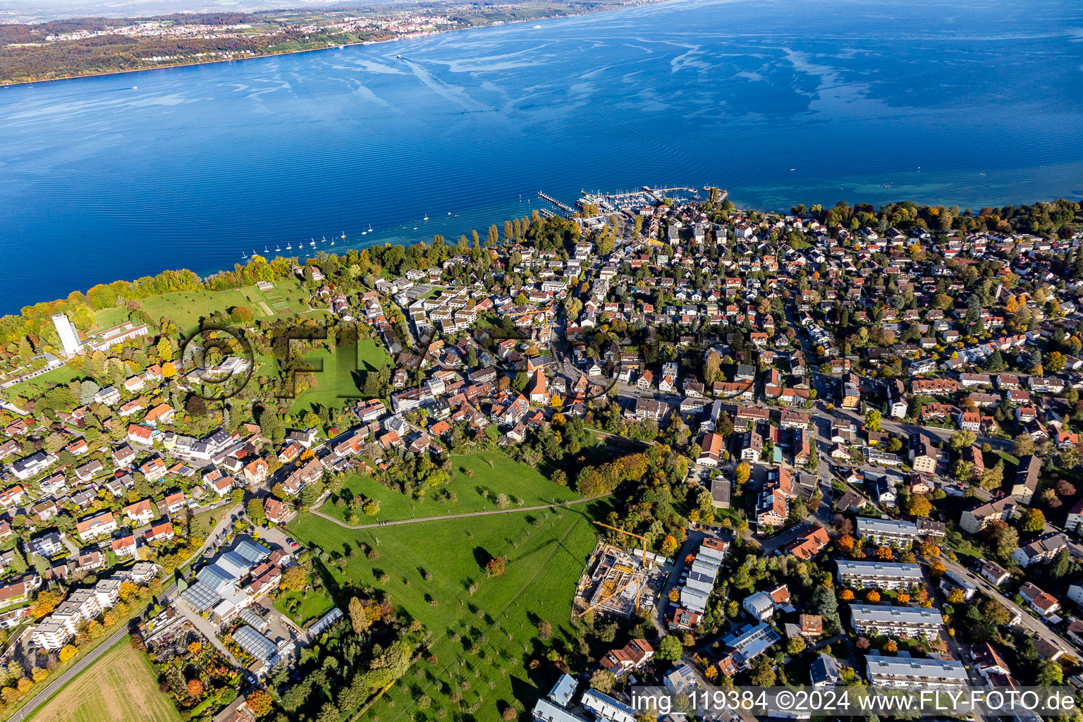 Riparian areas on the lake area of Lake Constance in the district Allmannsdorf in Konstanz in the state Baden-Wurttemberg, Germany out of the air