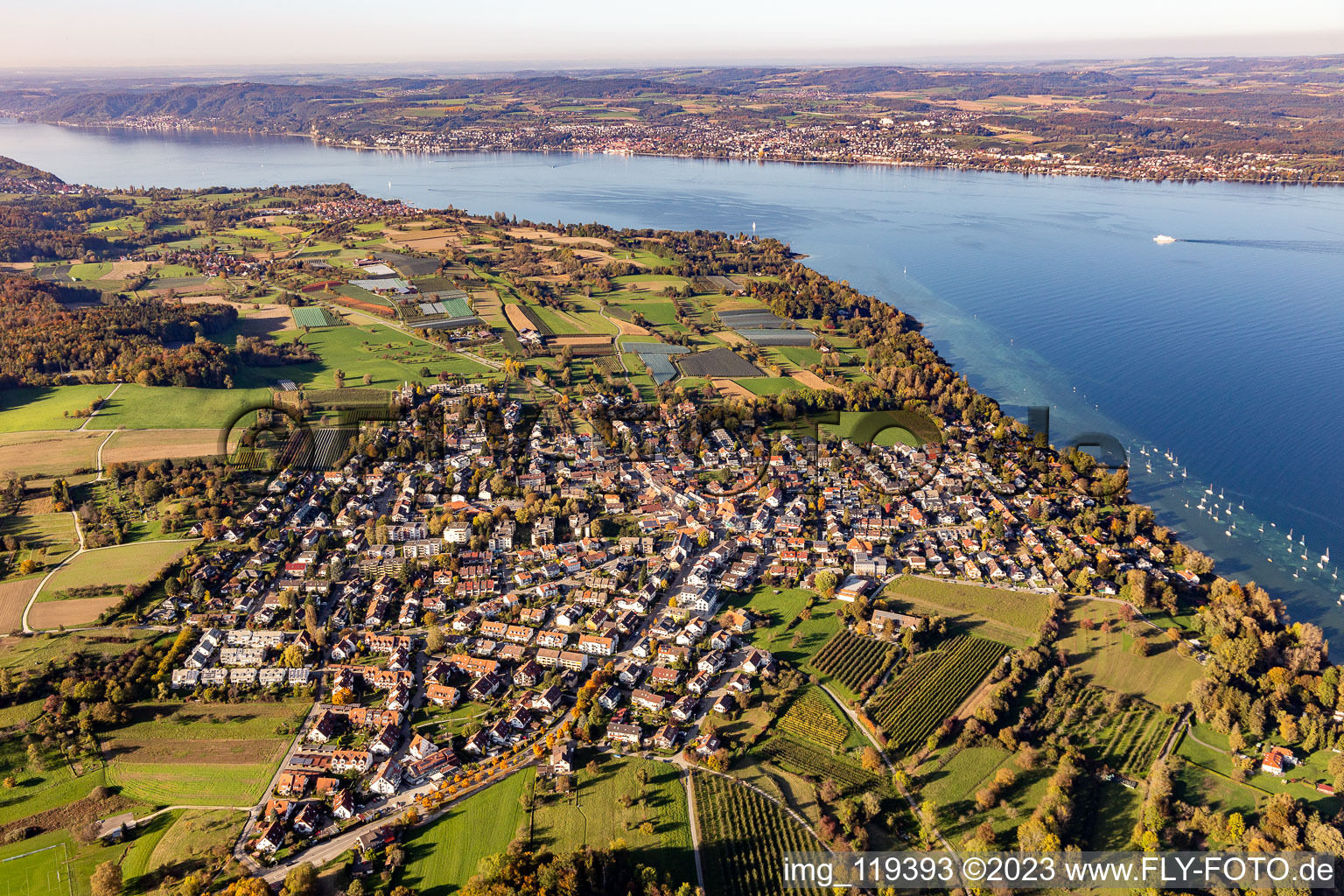 Aerial view of Pleasure boat marina on the shore area of Lake of Constance in the district Litzelstetten in Konstanz in the state Baden-Wurttemberg, Germany