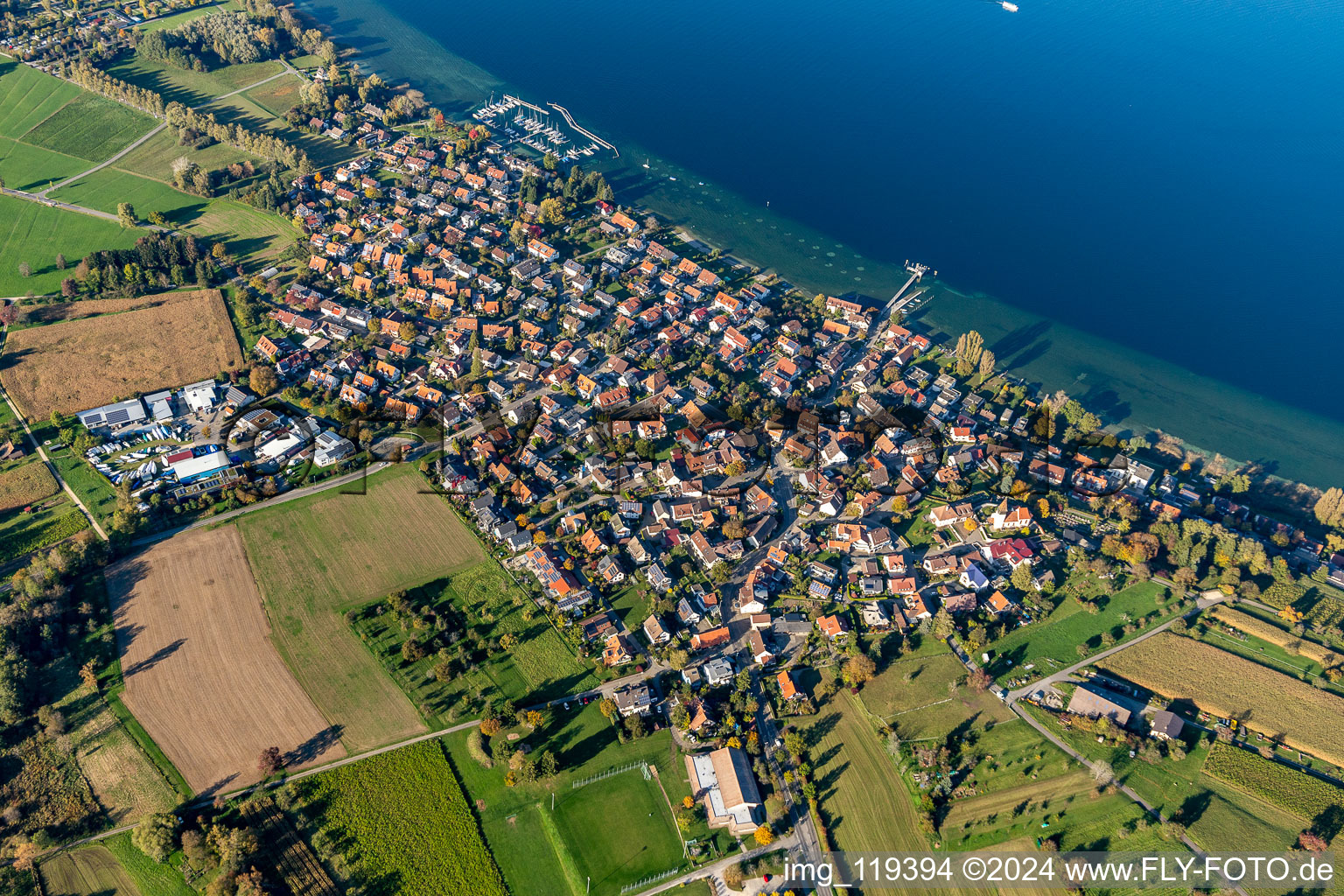 Aerial view of Village on the lake bank areas of Lake of Constance in Dingelsdorf in the state Baden-Wurttemberg, Germany