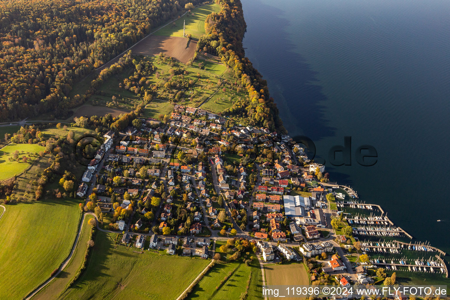 Marina - harbour area on the shore of Bodensee with Warf Wallhausen Sigmand Nissenbaum oHG and Martina Diving school Banholzer in Wallhausen in the state Baden-Wurttemberg, Germany