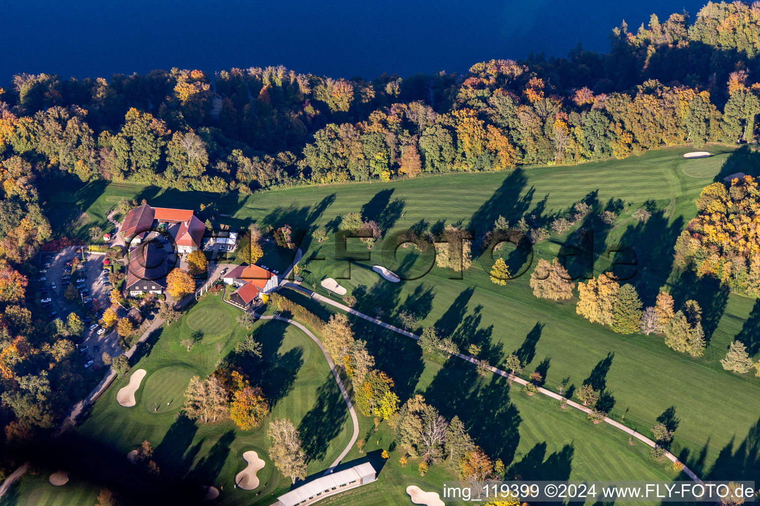 Aerial view of Grounds of the Golf course of Golf-Club Konstanz in the district Langenrain in Allensbach in the state Baden-Wurttemberg, Germany