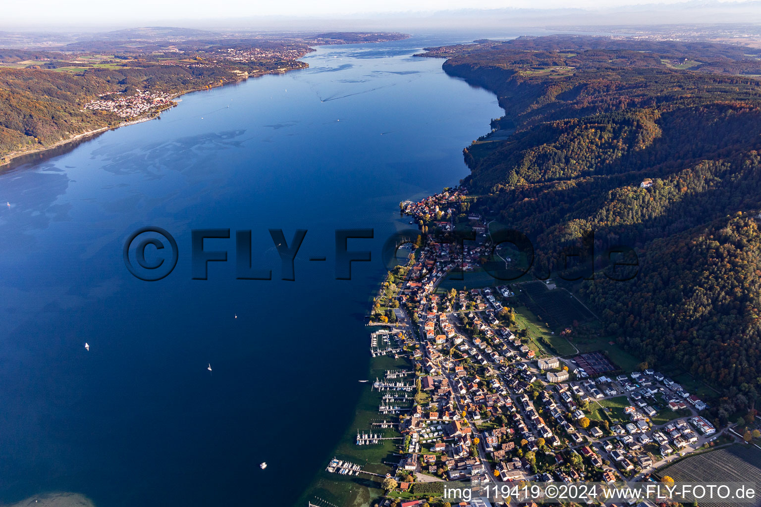 Aerial view of Marina - harbour area on the shore of Lake Constance in Bodman in the state Baden-Wurttemberg, Germany