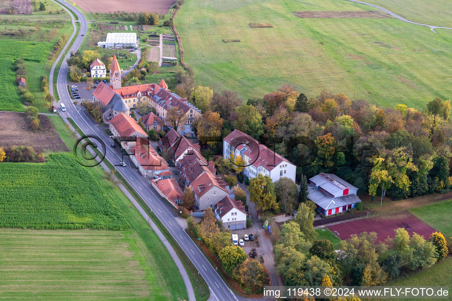 Aerial photograpy of Complex of buildings of the former monastery in Antonia-Werr-Centre in Kloster St. Ludwig in the state Bavaria, Germany