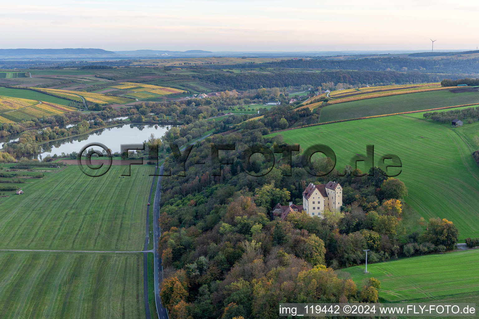 Aerial view of Castle of Schloss Klingenberg on the shore of the river Main in Wipfeld in the state Bavaria