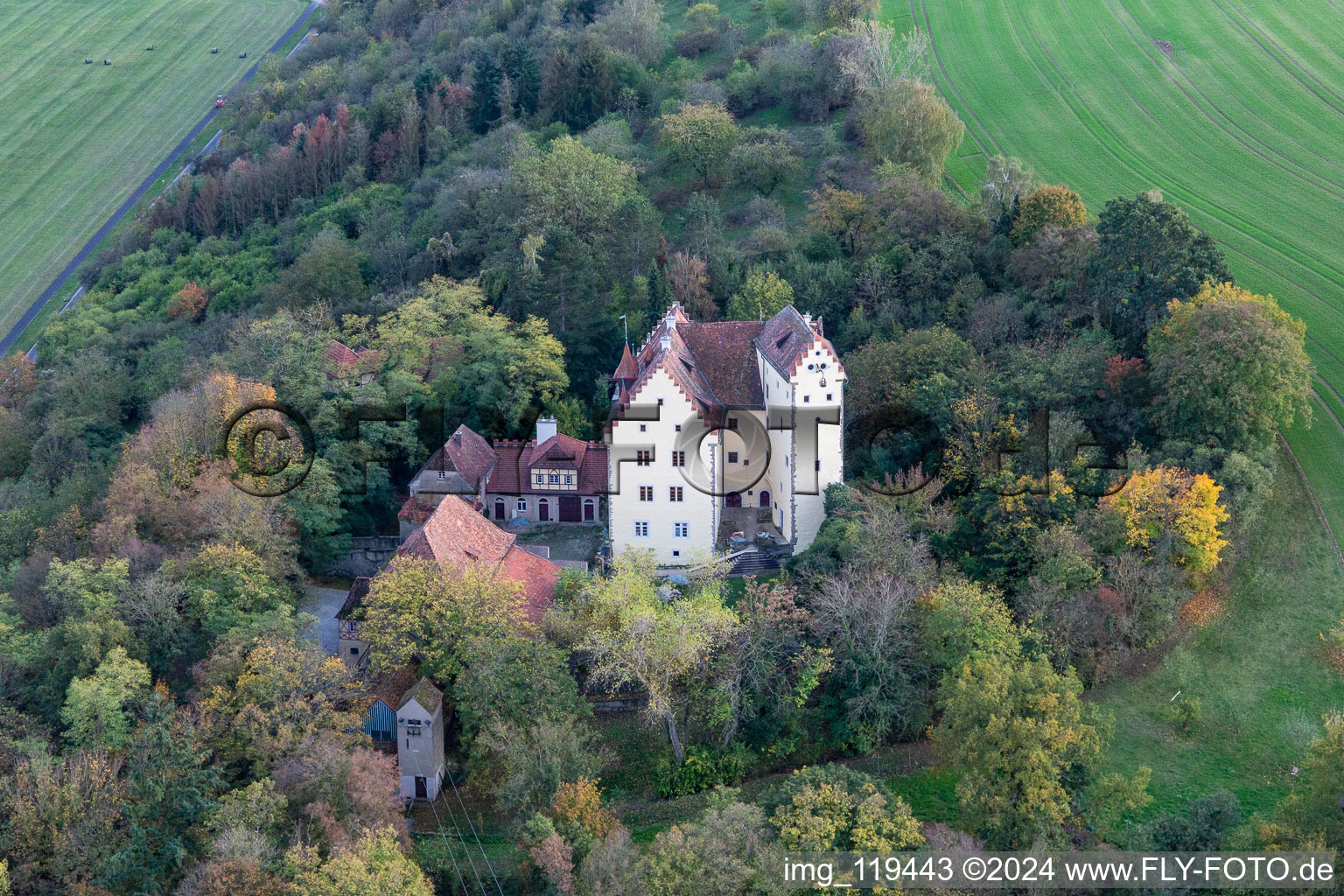 Aerial view of Klingenberg Castle in Wipfeld in the state Bavaria, Germany