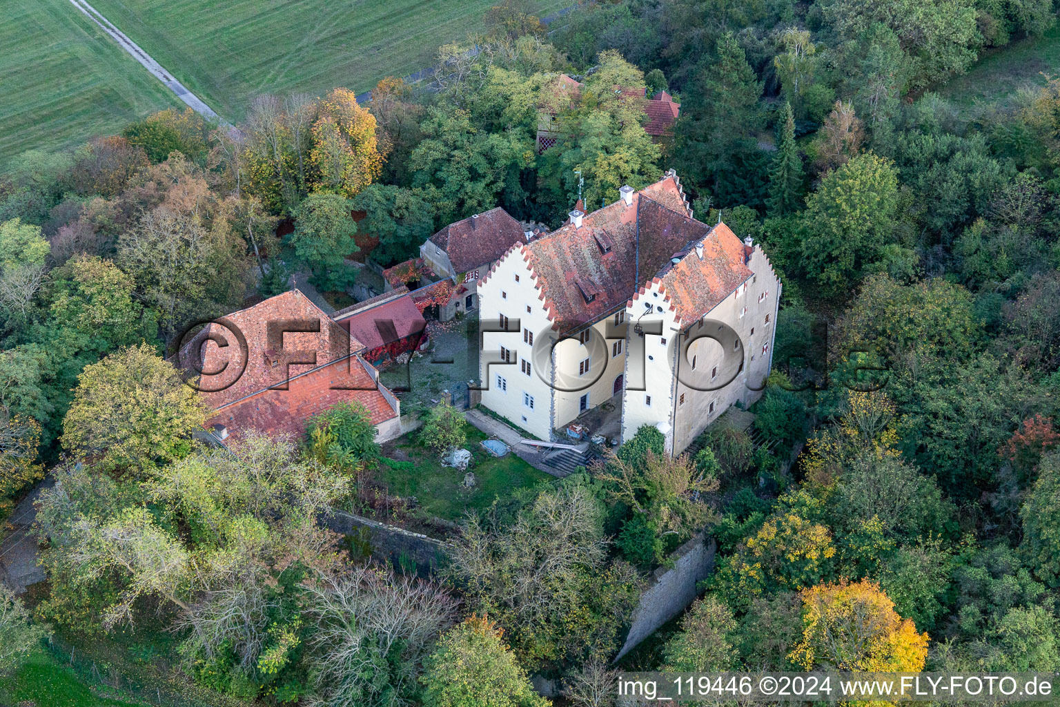 Aerial photograpy of Castle of Schloss Klingenberg on the shore of the river Main in Wipfeld in the state Bavaria