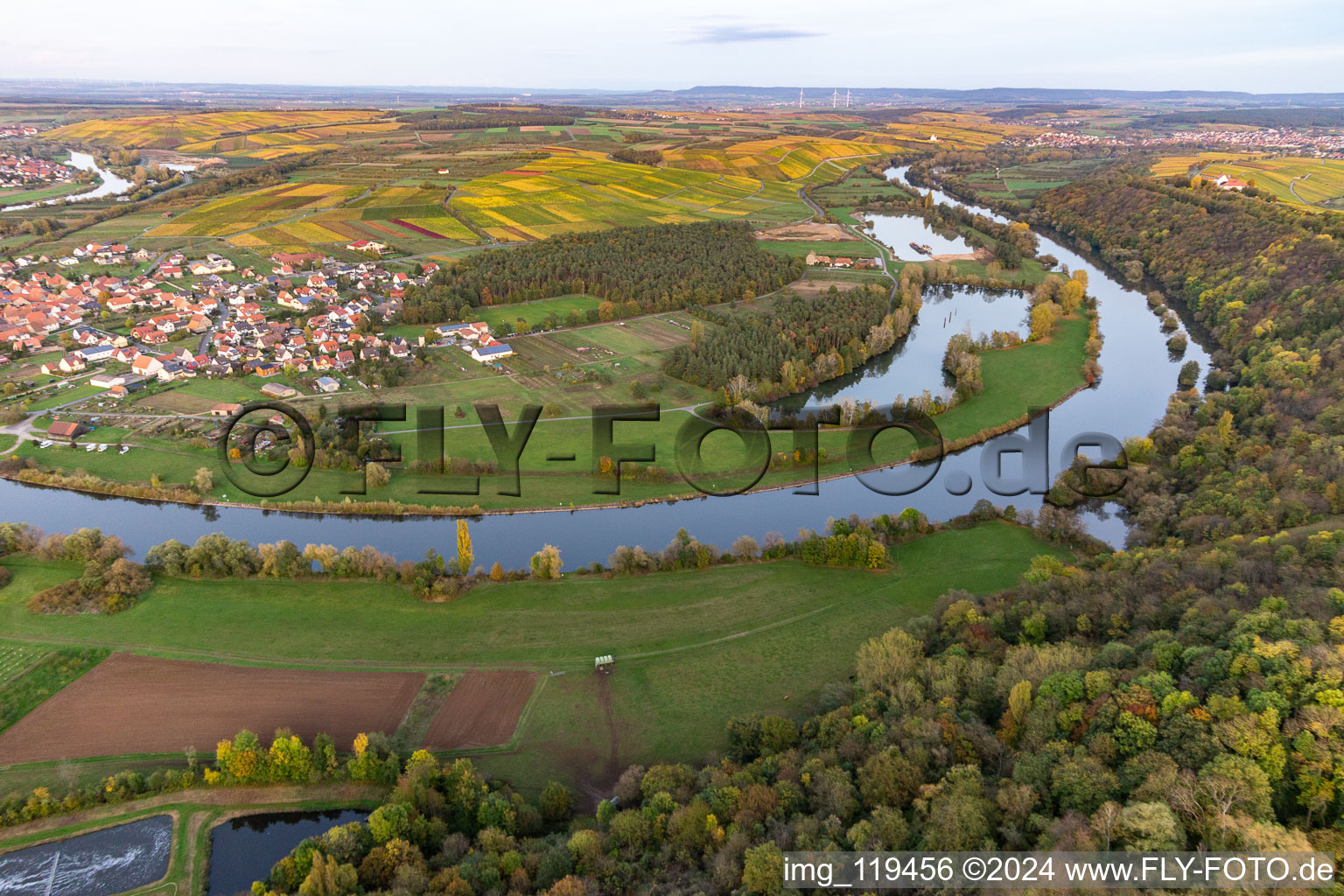 Aerial view of District Fahr in Volkach in the state Bavaria, Germany