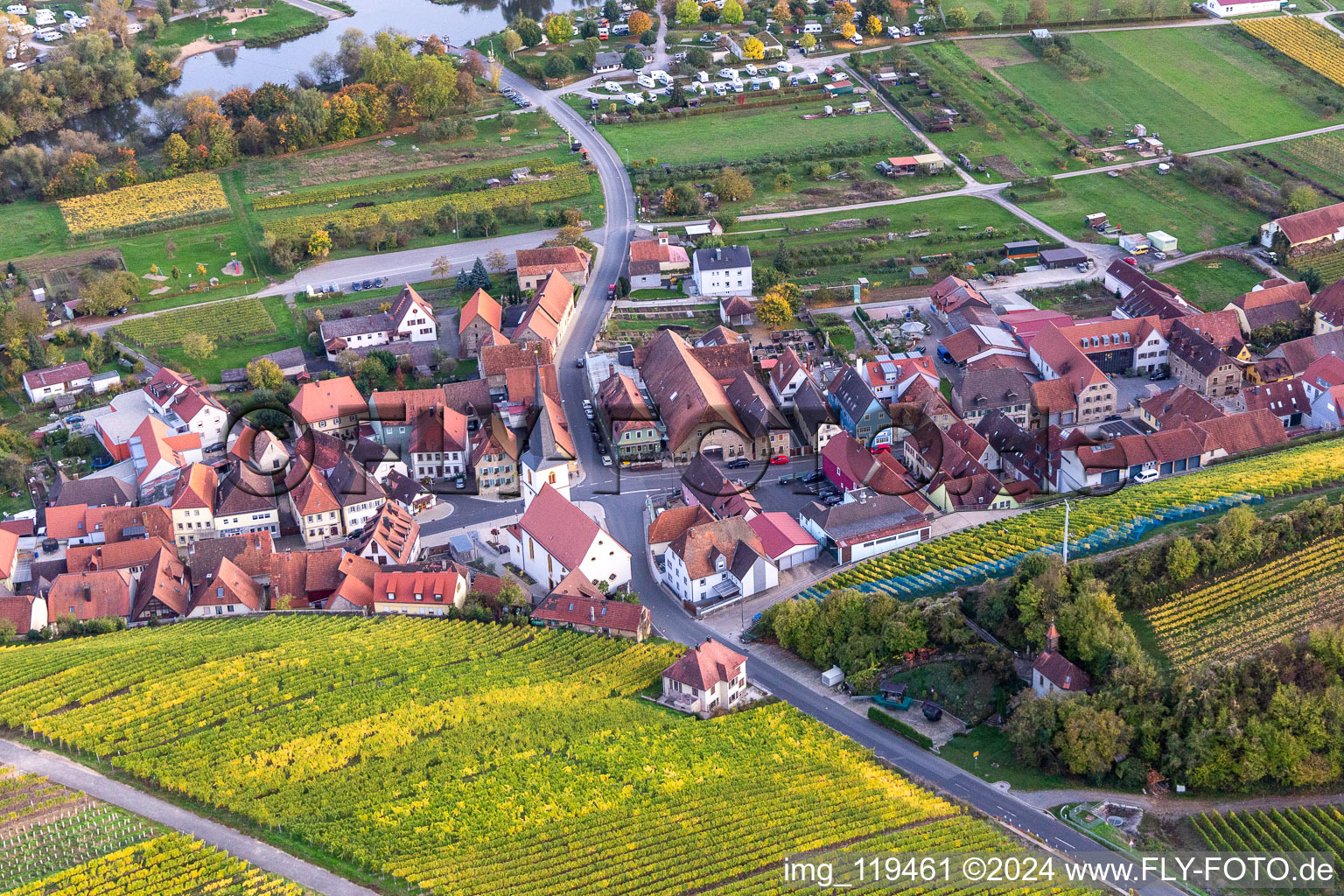 District Escherndorf in Volkach in the state Bavaria, Germany from above