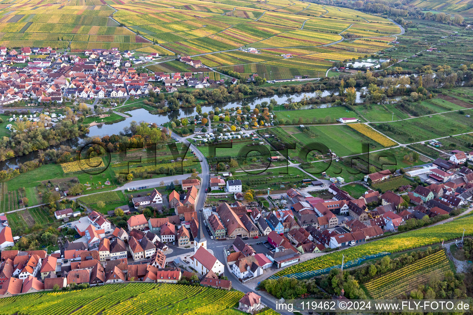 Village on the river bank areas of the Main river in Escherndorf in the state Bavaria, Germany