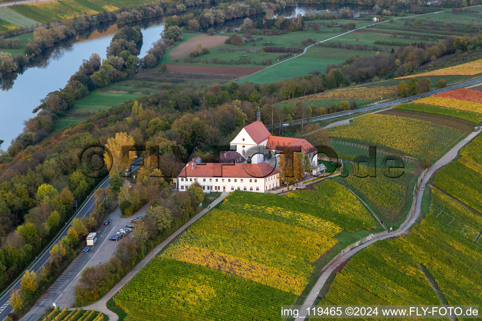 Aerial view of Hotel Vogelsburg in the district Escherndorf in Volkach in the state Bavaria, Germany