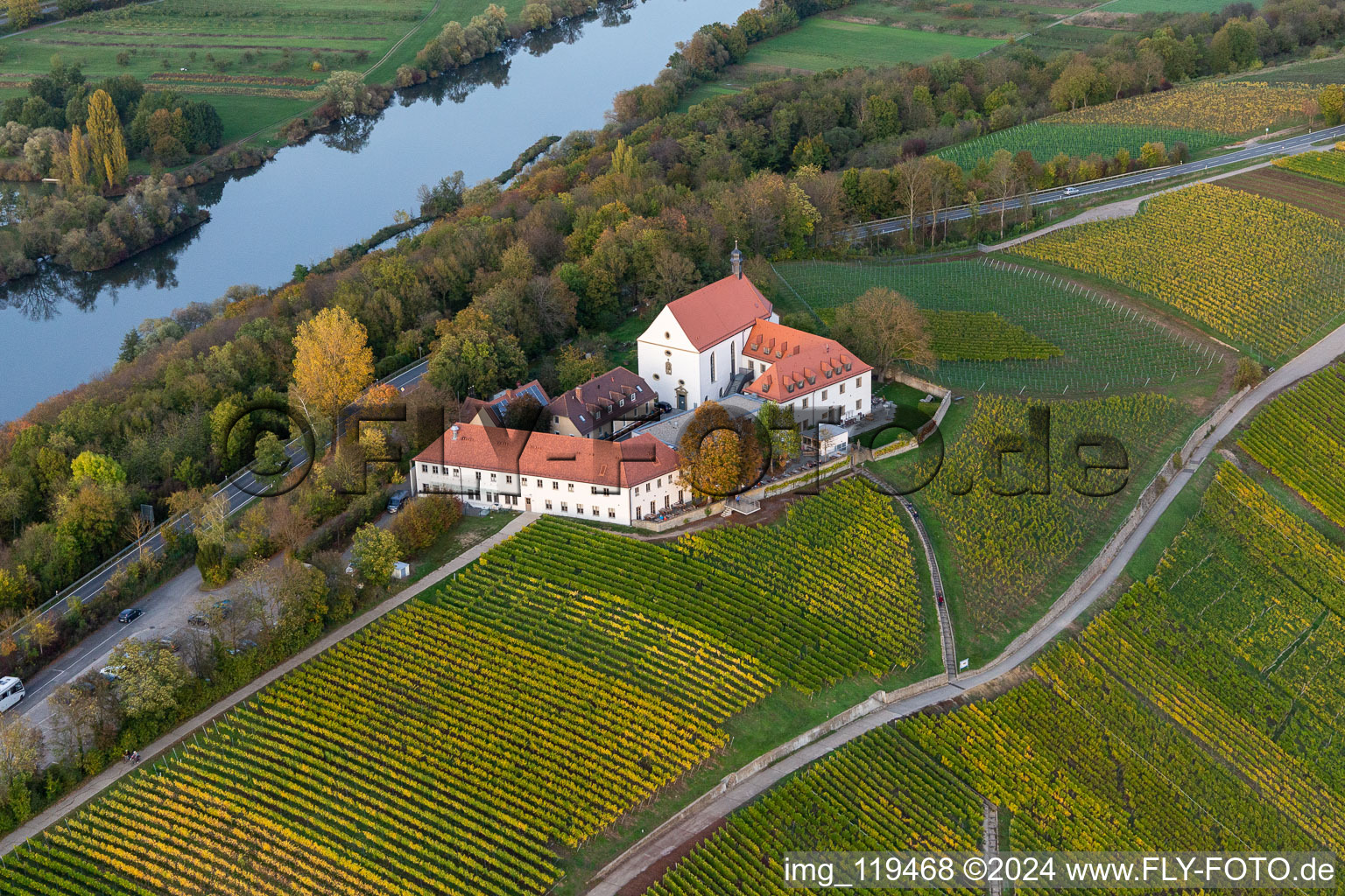 Oblique view of Hotel Vogelsburg in Escherndorf in the state Bavaria, Germany