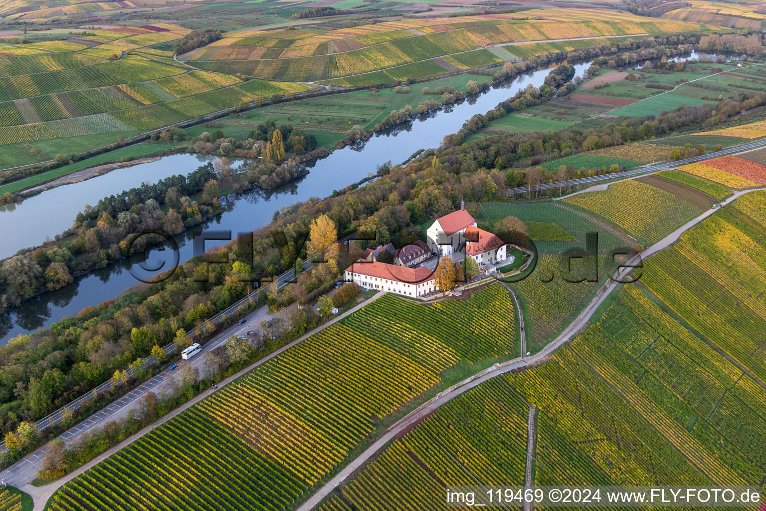 Fields of wine cultivation landscape Mainhang at the Hotel & Restaurant Vogelsburg in the district Escherndorf in Volkach in the state Bavaria, Germany