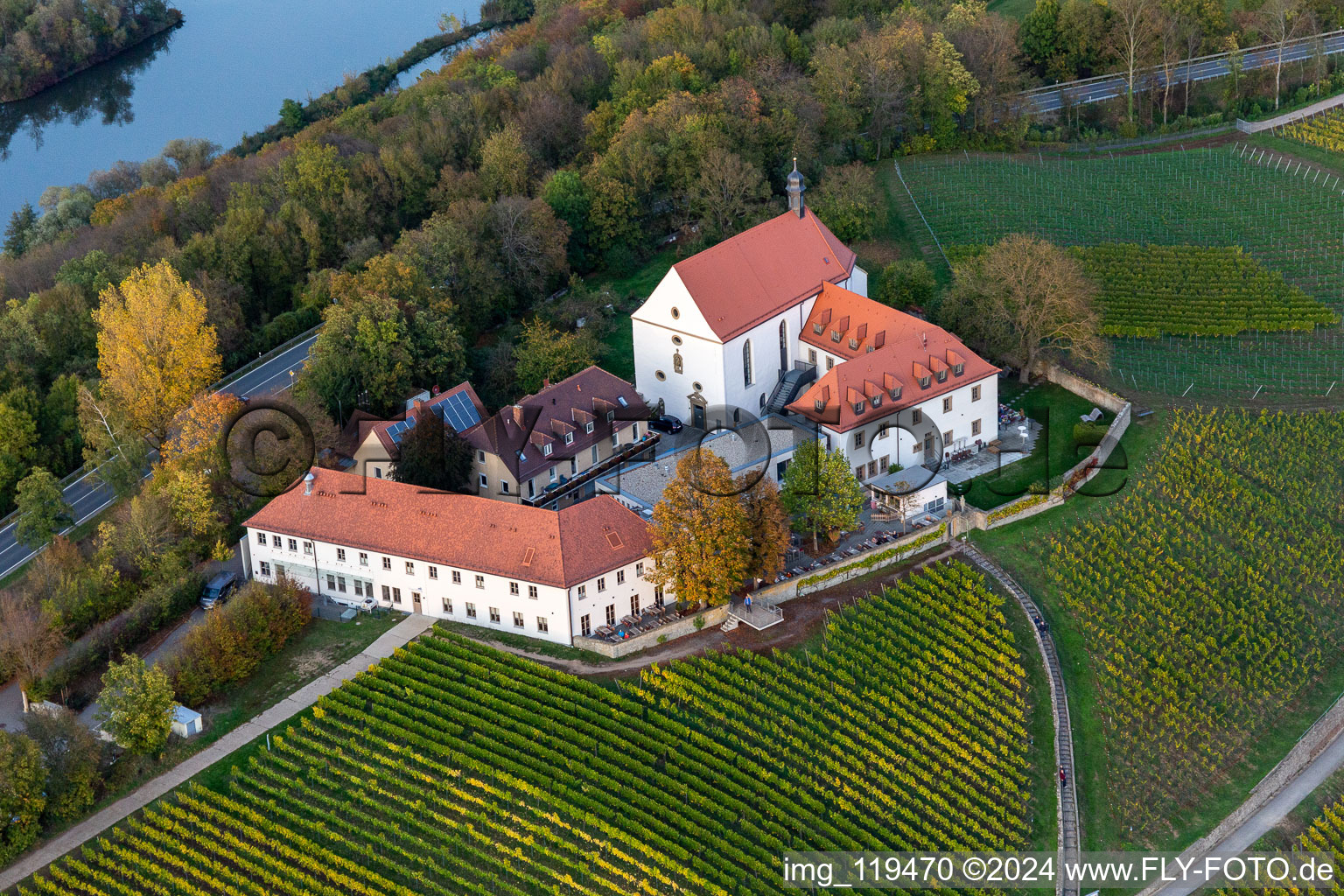 Hotel Vogelsburg in Escherndorf in the state Bavaria, Germany from above