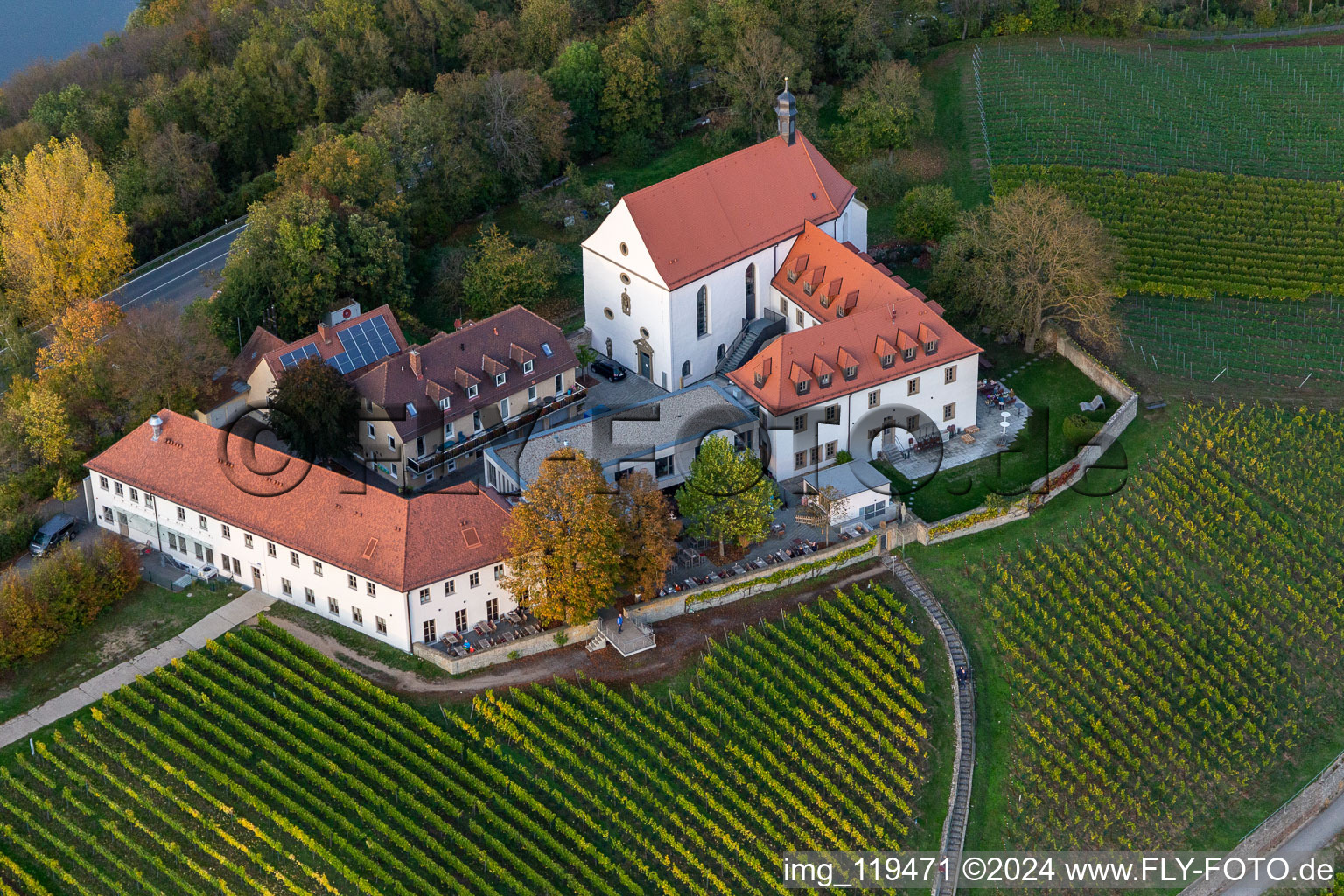 Aerial view of Fields of wine cultivation landscape Mainhang at the Hotel & Restaurant Vogelsburg in the district Escherndorf in Volkach in the state Bavaria, Germany