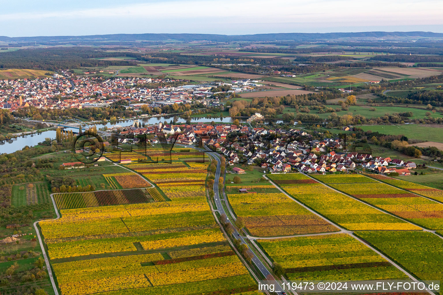 Oblique view of District Astheim in Volkach in the state Bavaria, Germany