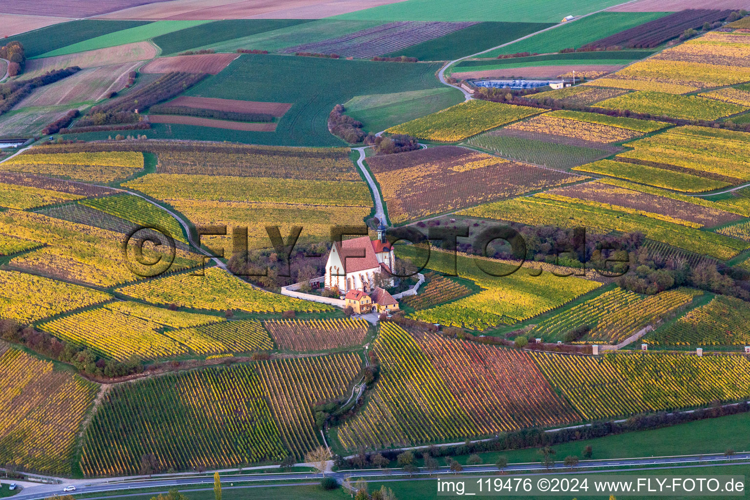 Oblique view of Churches building the chapel Wallfahrtskirche Maria in Weingarten in Volkach in the state Bavaria, Germany