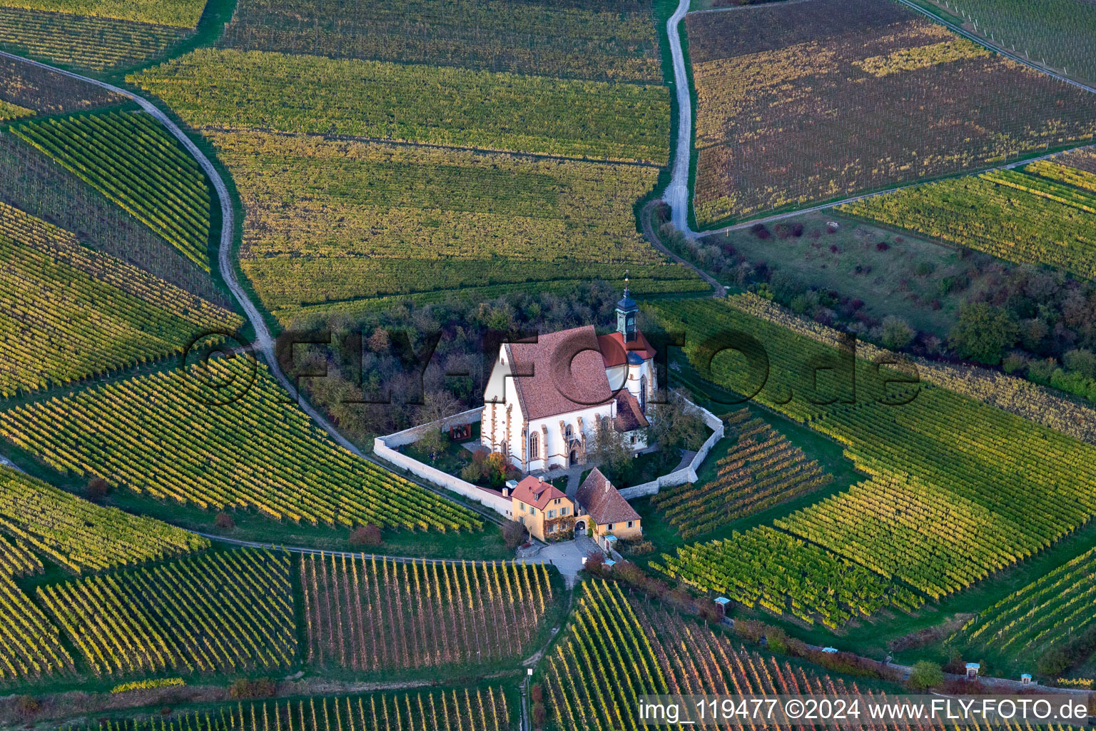 Churches building the chapel Wallfahrtskirche Maria in Weingarten in Volkach in the state Bavaria, Germany from above