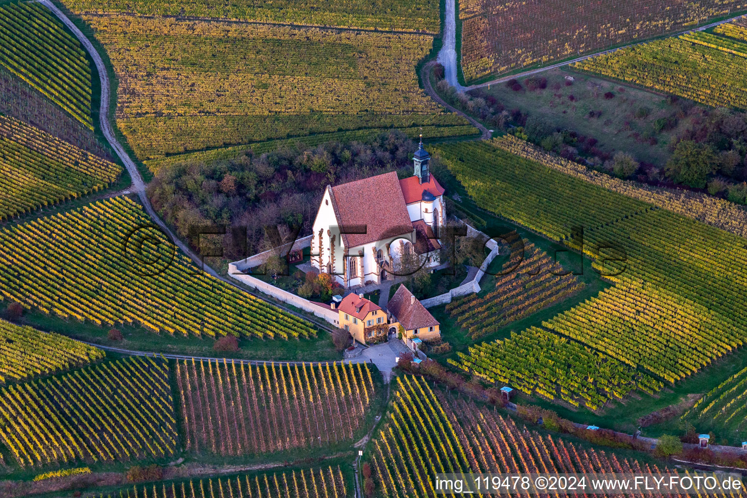 Churches building the chapel Wallfahrtskirche Maria in Weingarten in Volkach in the state Bavaria, Germany out of the air