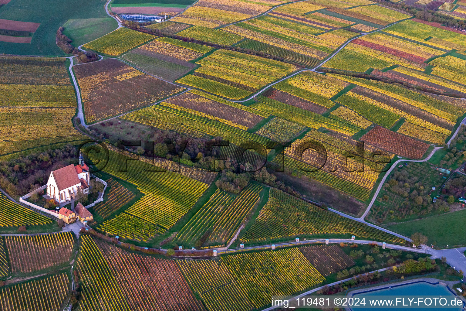 Churches building the chapel Wallfahrtskirche Maria in Weingarten in Volkach in the state Bavaria, Germany seen from above