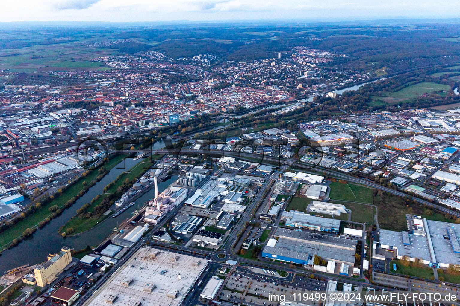 Aerial view of Harbor in Schweinfurt in the state Bavaria, Germany