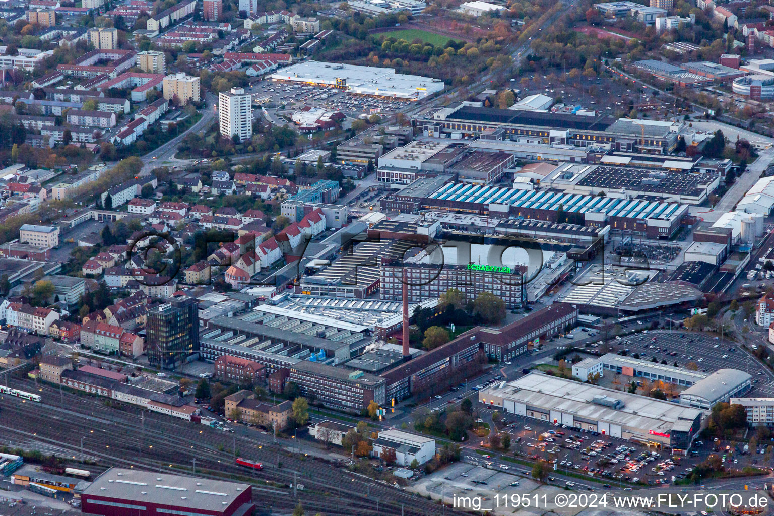 Building and production halls on the premises of Schaeffler Technologies AG & Co. KG at dusk in Schweinfurt in the state, Germany