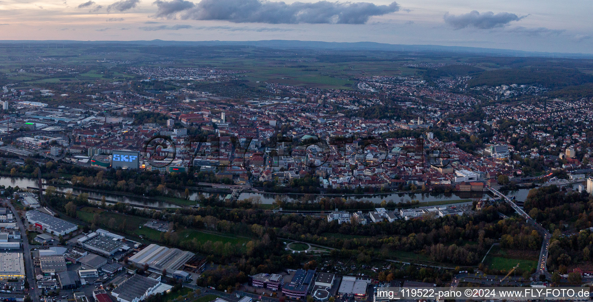 Evening City view on the river bank of the Main river in Schweinfurt in the state Bavaria, Germany