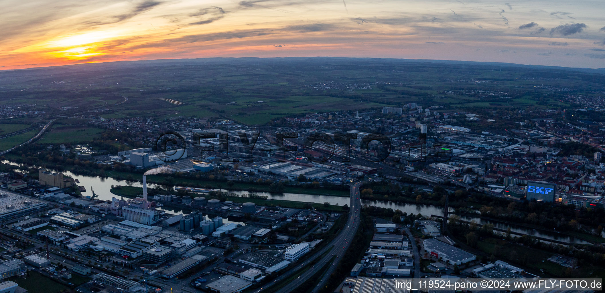 Main Bridge of the B286 and ZF Friedrichshafen in the evening light in Schweinfurt in the state Bavaria, Germany