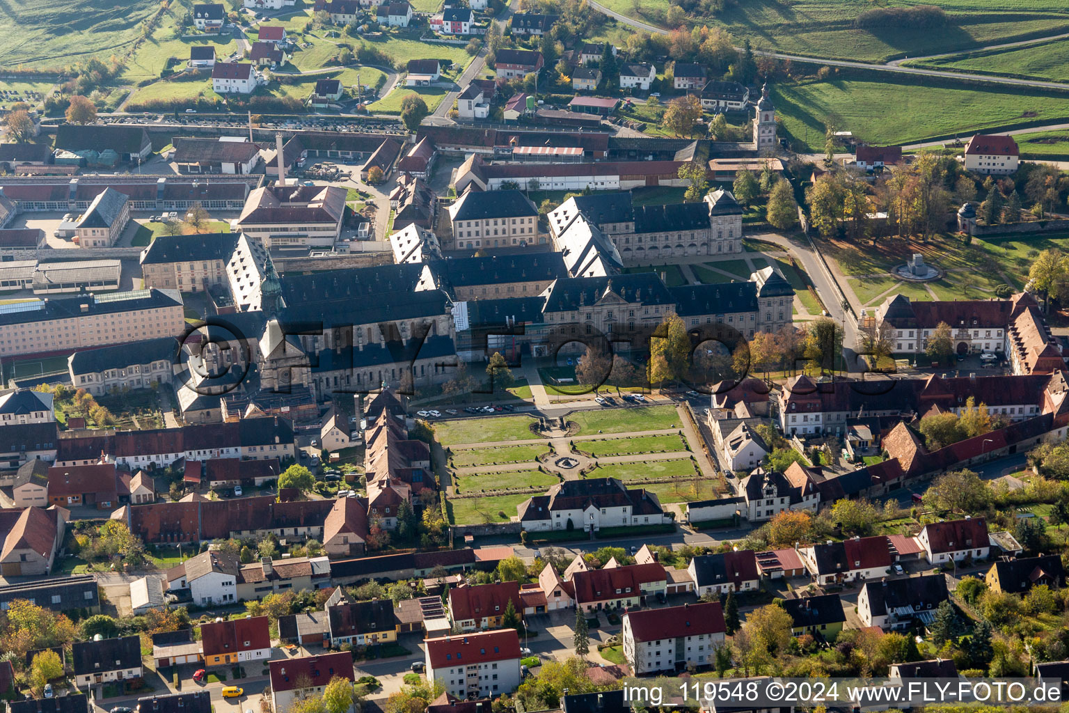 Aerial view of Monastery Church Ebrach in Ebrach in the state Bavaria, Germany