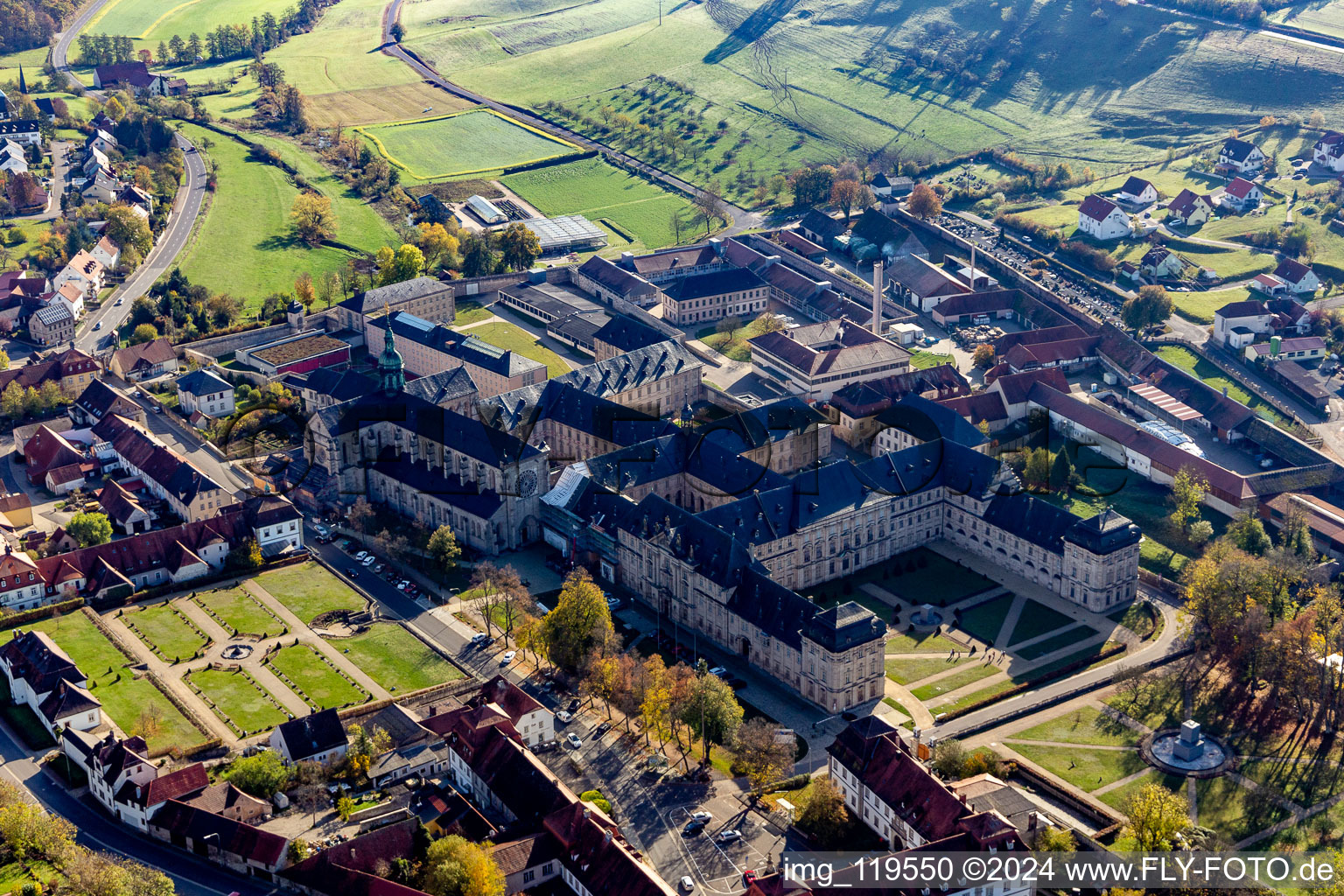 Aerial view of Complex of buildings of the monastery Ebrach with Kaisersaal and Monastery church Ebrach and Correctional facility Ebrach in Ebrach in the state Bavaria, Germany