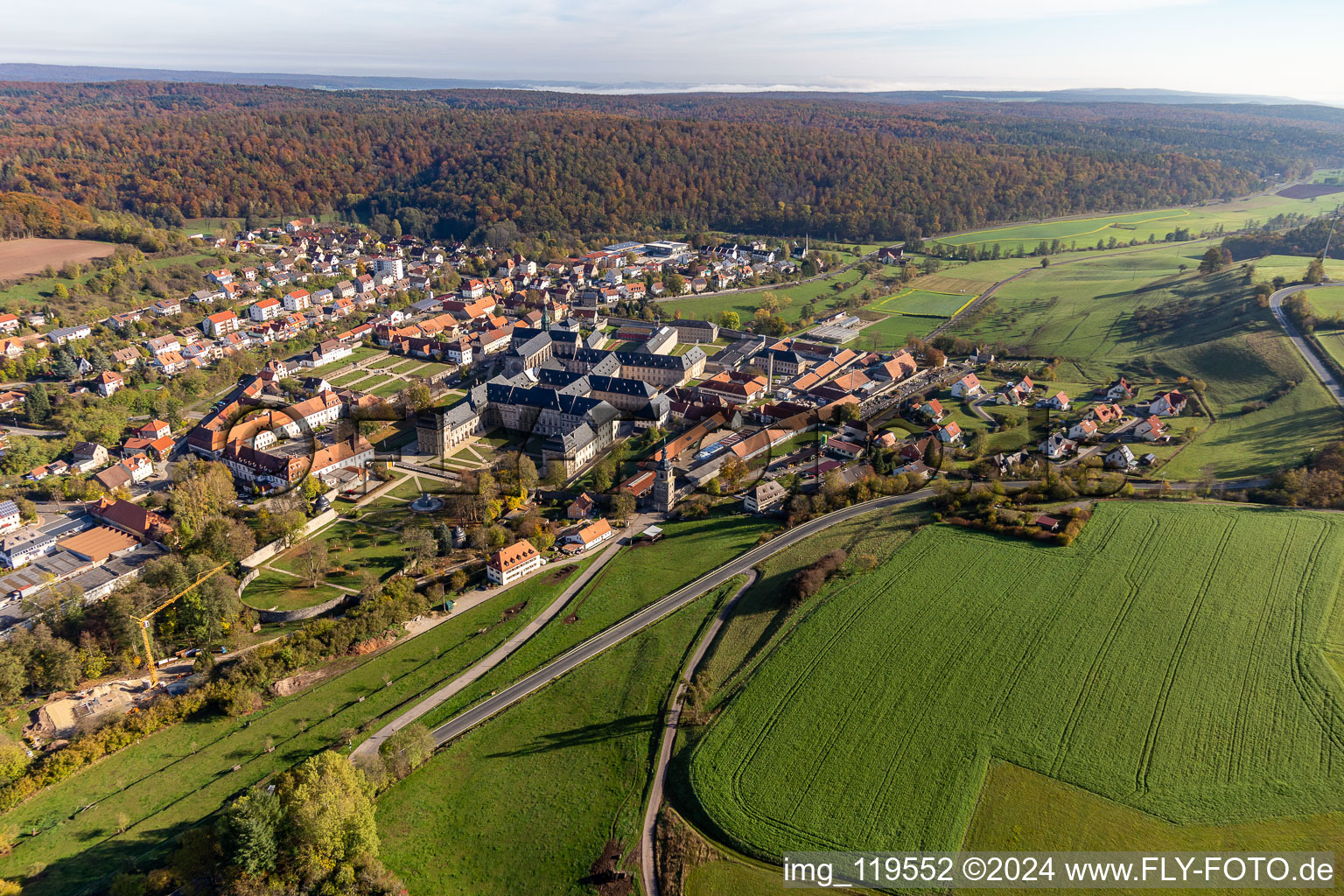 Aerial view of Monastery church Ebrach, Cistercian Abbey in Ebrach in the state Bavaria, Germany