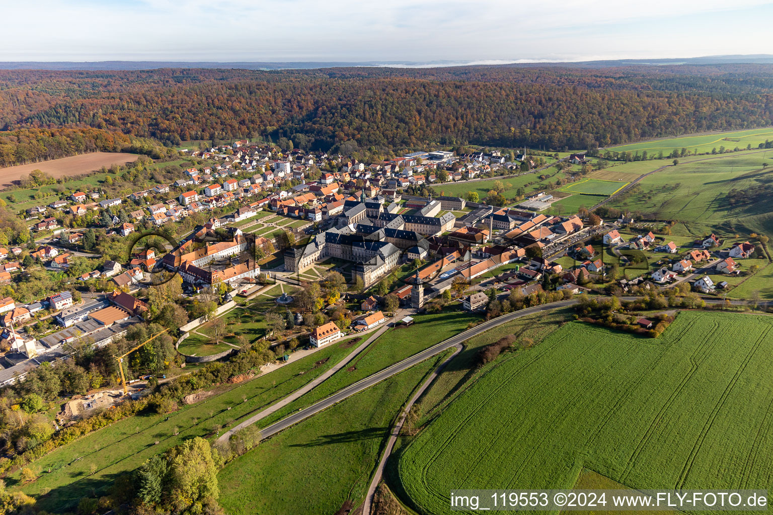 Aerial photograpy of Monastery church Ebrach, Cistercian Abbey in Ebrach in the state Bavaria, Germany