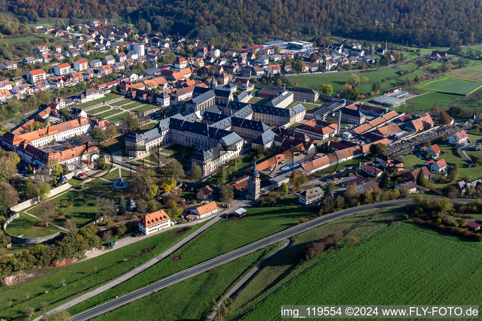 Aerial photograpy of Complex of buildings of the monastery Ebrach with Kaisersaal and Monastery church Ebrach and Correctional facility Ebrach in Ebrach in the state Bavaria, Germany