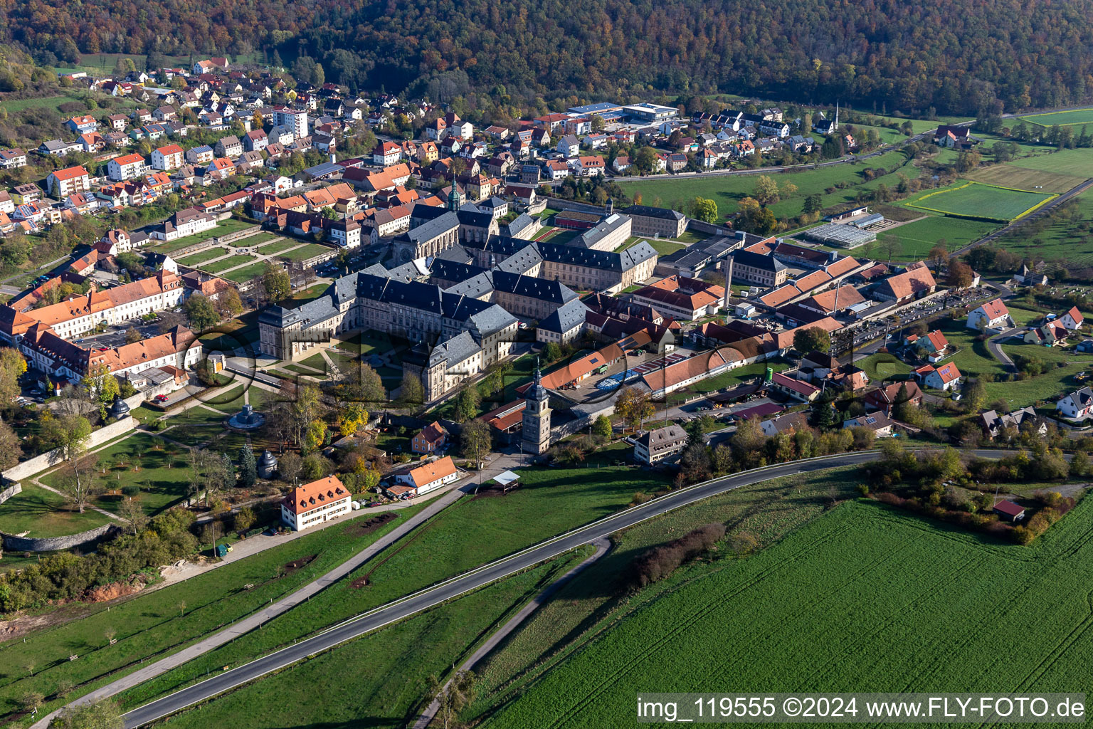 Oblique view of Monastery church Ebrach, Cistercian Abbey in Ebrach in the state Bavaria, Germany