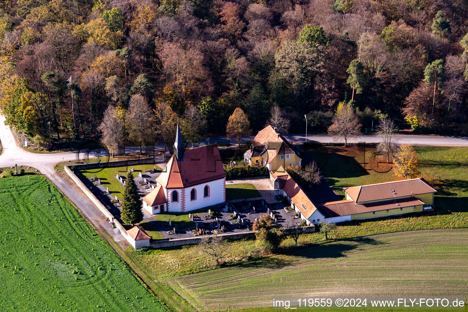 Aerial view of Churches building the chapel St. Rochus in Ebrach in the state Bavaria, Germany