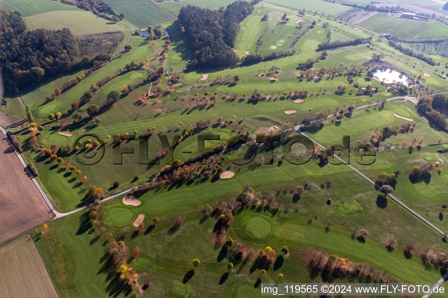 Oblique view of Grounds of the Golf course at of Golfclub Steigerwald in Geiselwind e. V. in Geiselwind in the state Bavaria, Germany