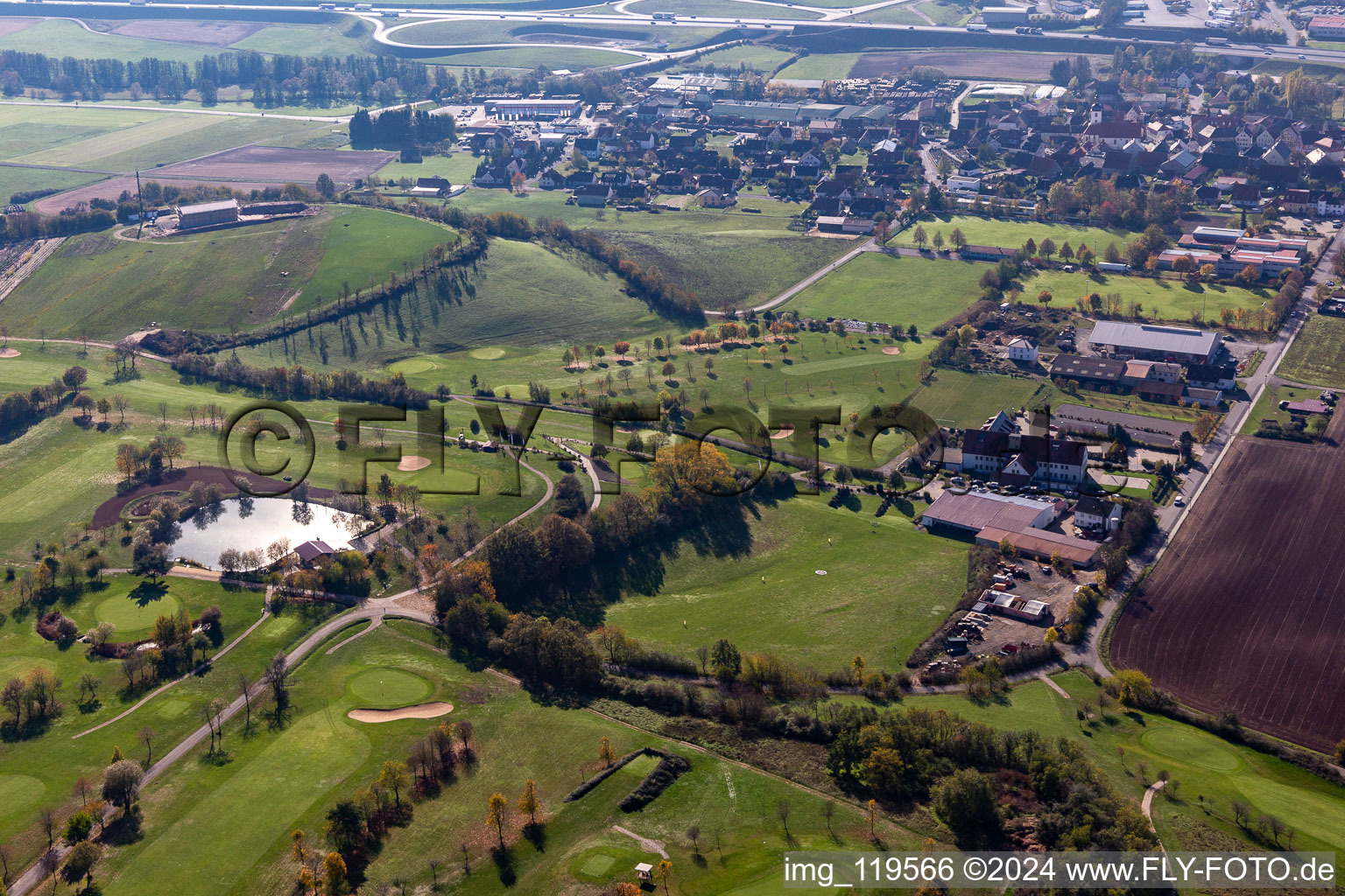 Grounds of the Golf course at of Golfclub Steigerwald in Geiselwind e. V. in Geiselwind in the state Bavaria, Germany from above