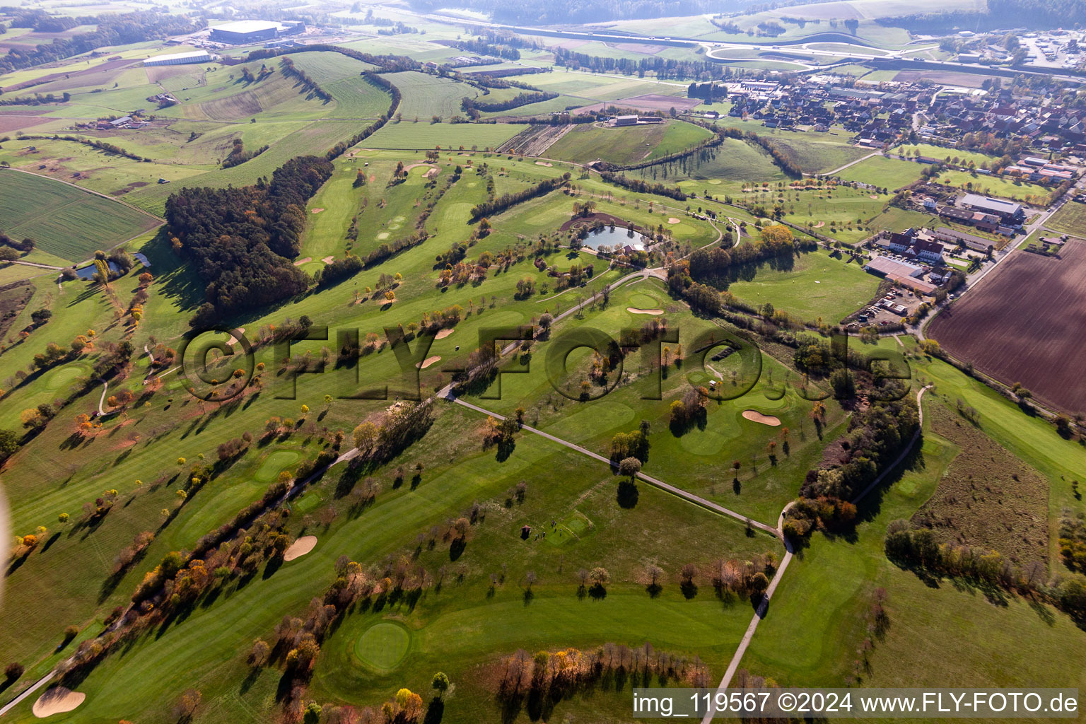 Grounds of the Golf course at of Golfclub Steigerwald in Geiselwind e. V. in Geiselwind in the state Bavaria, Germany out of the air