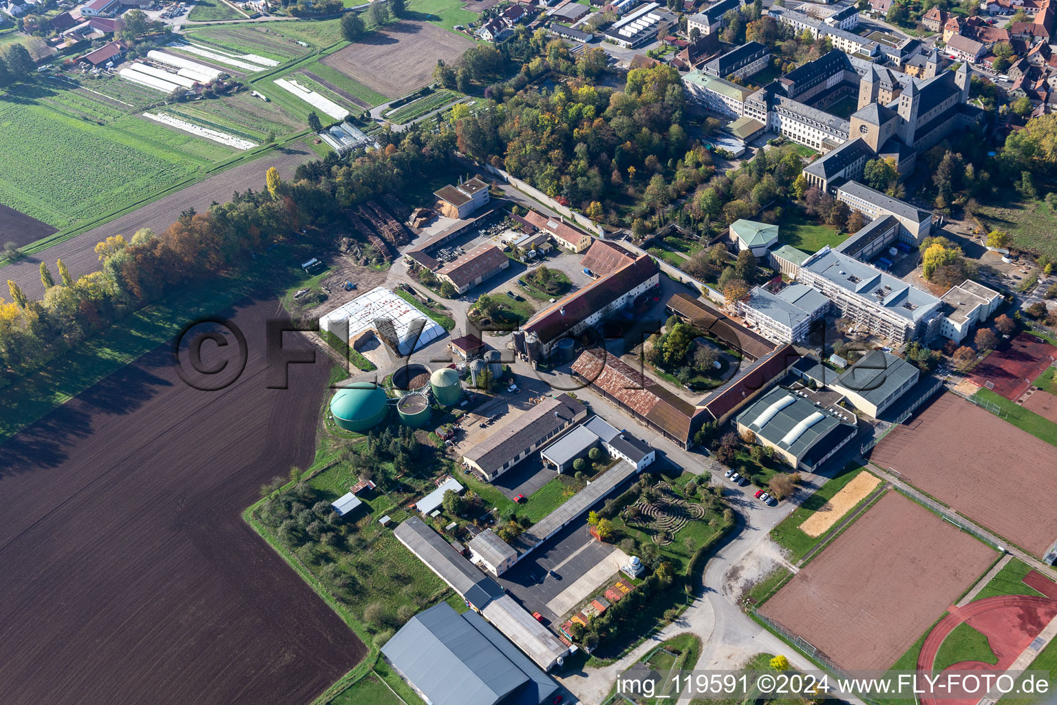 Aerial view of Münsterschwarzach Abbey in the district Stadtschwarzach in Schwarzach am Main in the state Bavaria, Germany