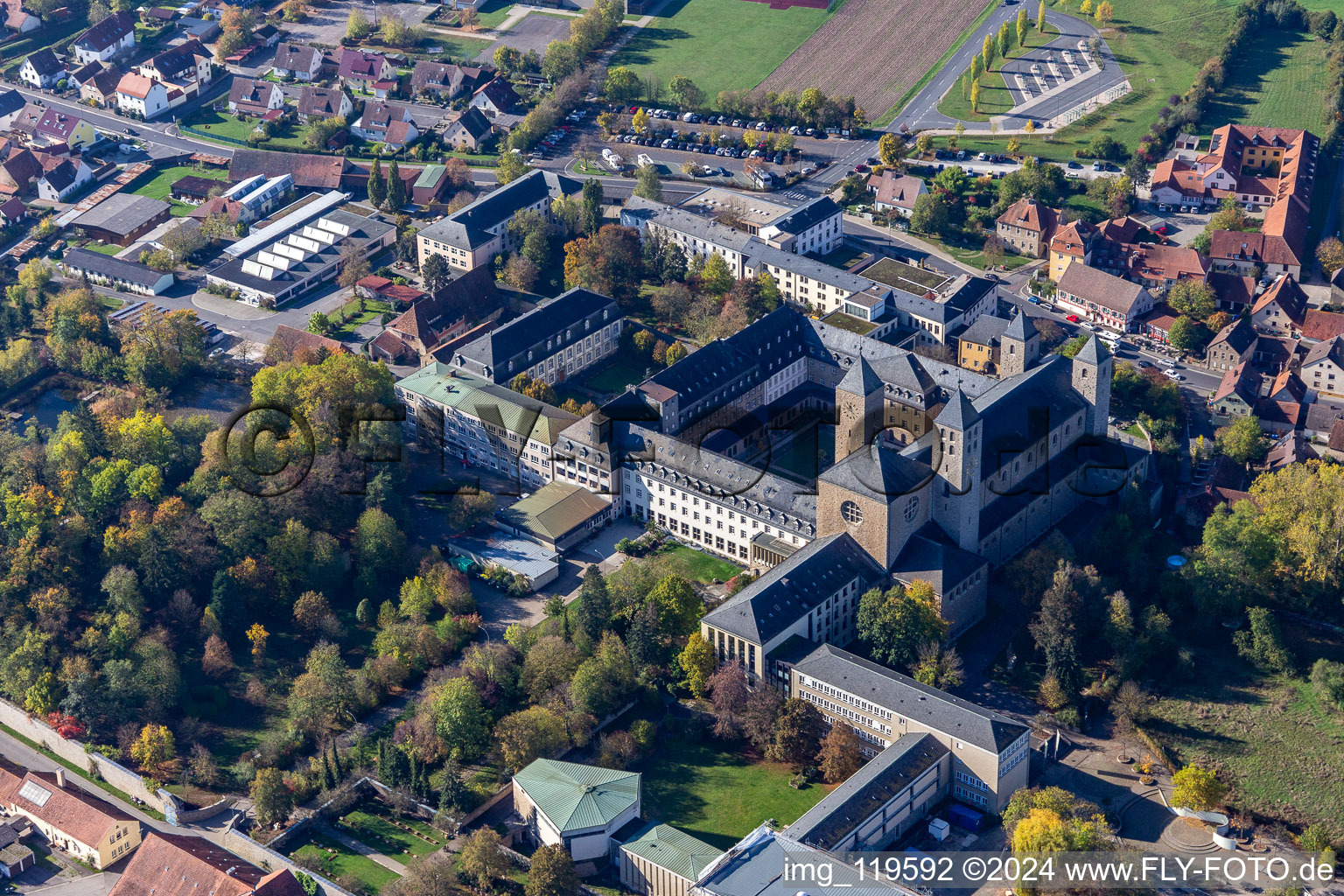 Aerial view of Complex of buildings of the monastery Abtei Muensterschwarzach in Schwarzach am Main in the state Bavaria, Germany