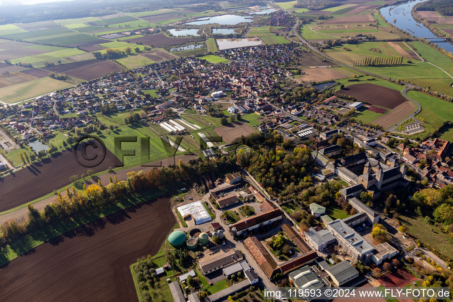 Aerial photograpy of Münsterschwarzach Abbey in the district Stadtschwarzach in Schwarzach am Main in the state Bavaria, Germany