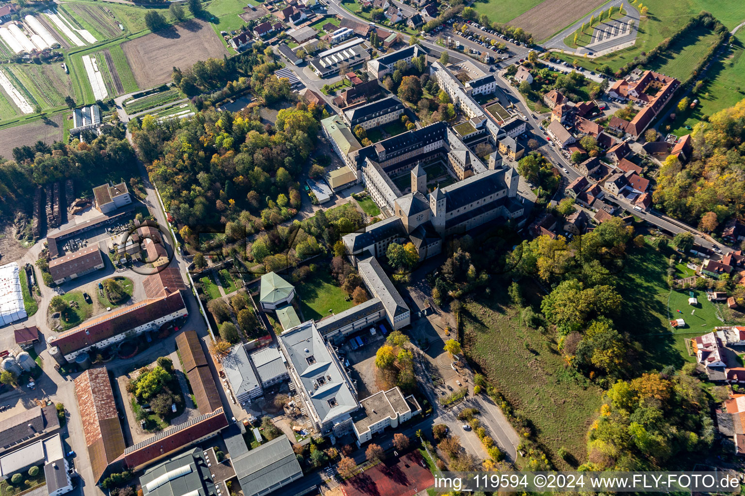 Oblique view of Münsterschwarzach Abbey in the district Stadtschwarzach in Schwarzach am Main in the state Bavaria, Germany