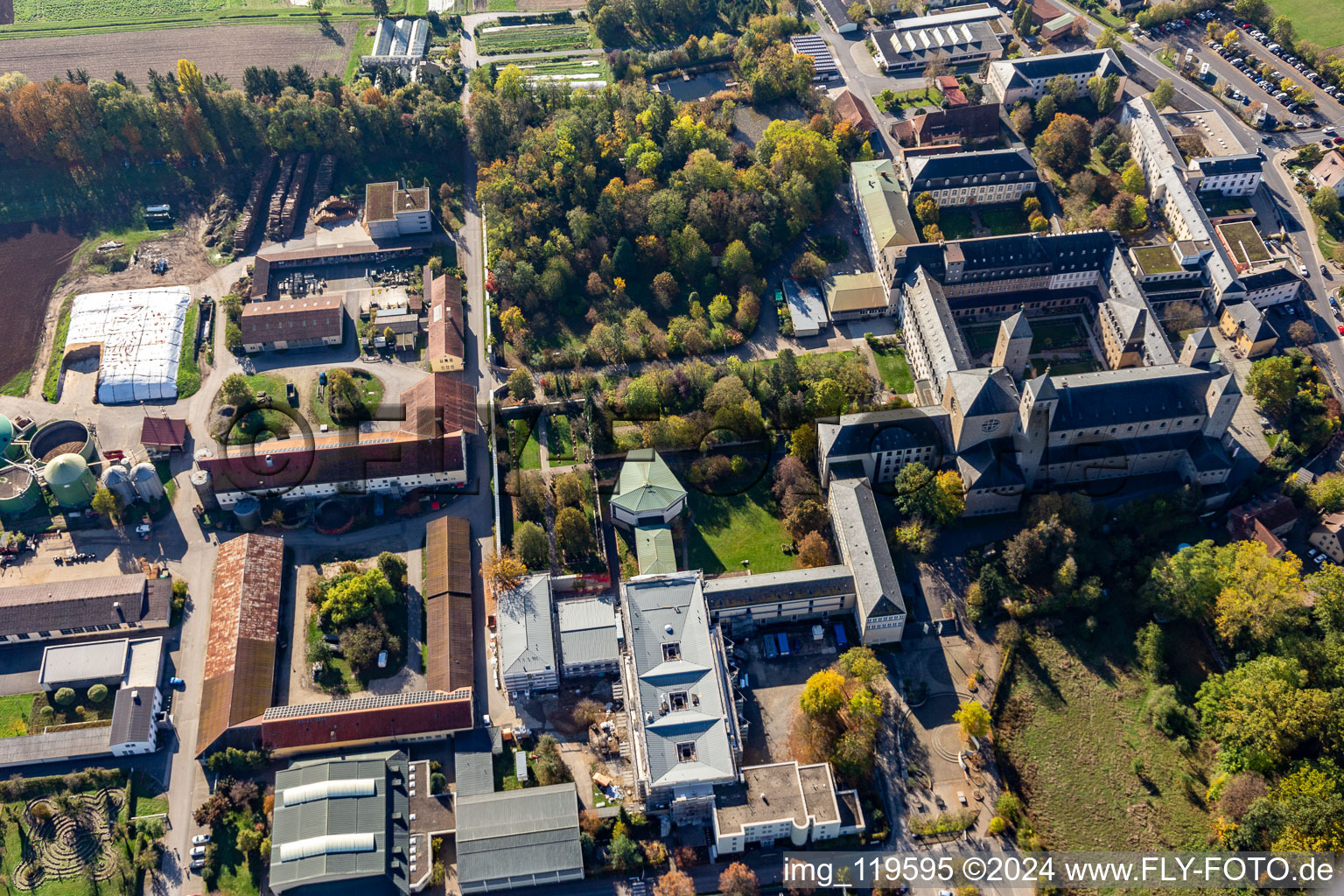 Aerial photograpy of Complex of buildings of the monastery Abtei Muensterschwarzach in Schwarzach am Main in the state Bavaria, Germany