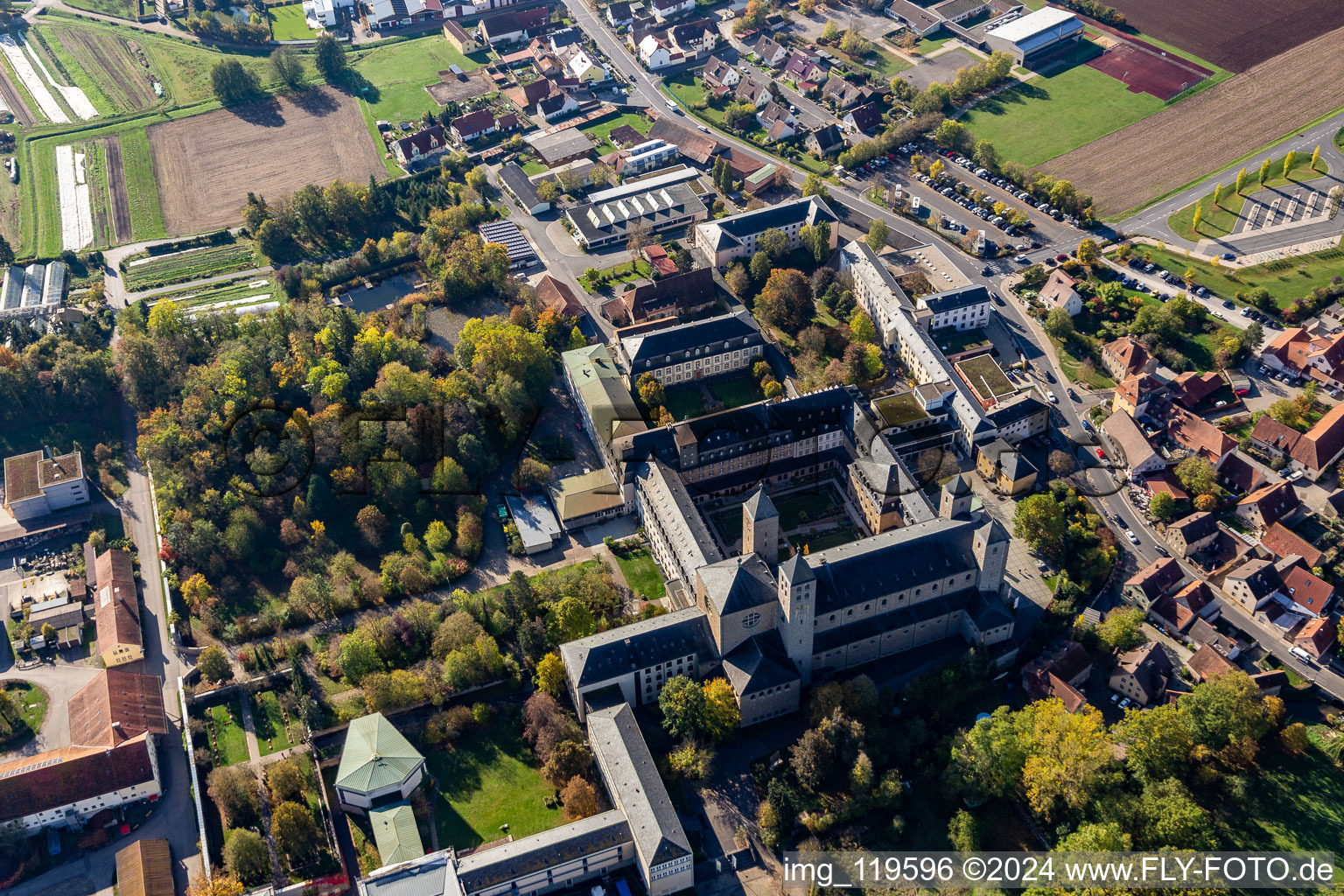 Münsterschwarzach Abbey in the district Stadtschwarzach in Schwarzach am Main in the state Bavaria, Germany from above