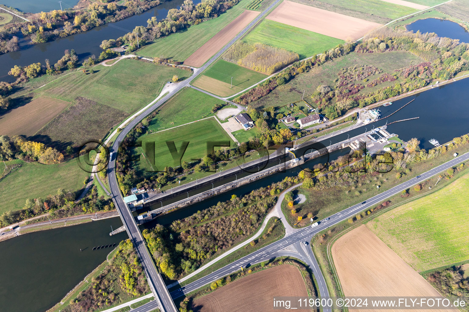 Aerial view of Lockage of the Main channel in Gerlachshausen in the state Bavaria, Germany